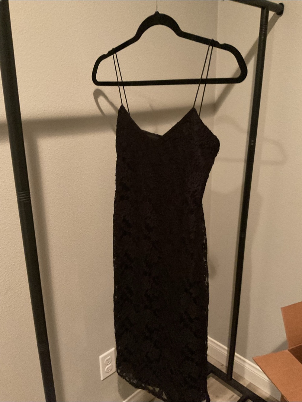 Windsor Black Lace Midi Slip Dress with Double Spaghetti Straps